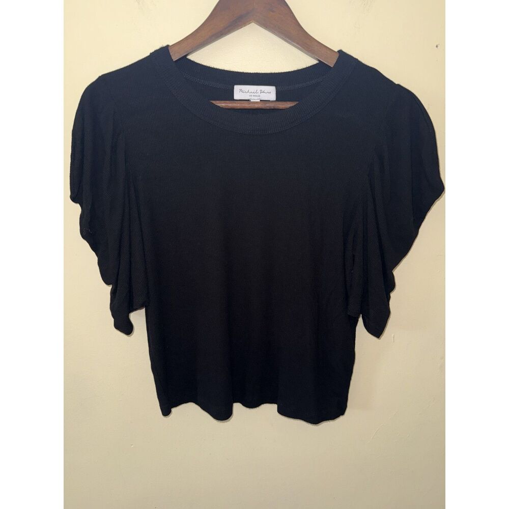 Michael Stars Black Ribbed Ruched Puff Sleeve Tee Top Size L Made in USA